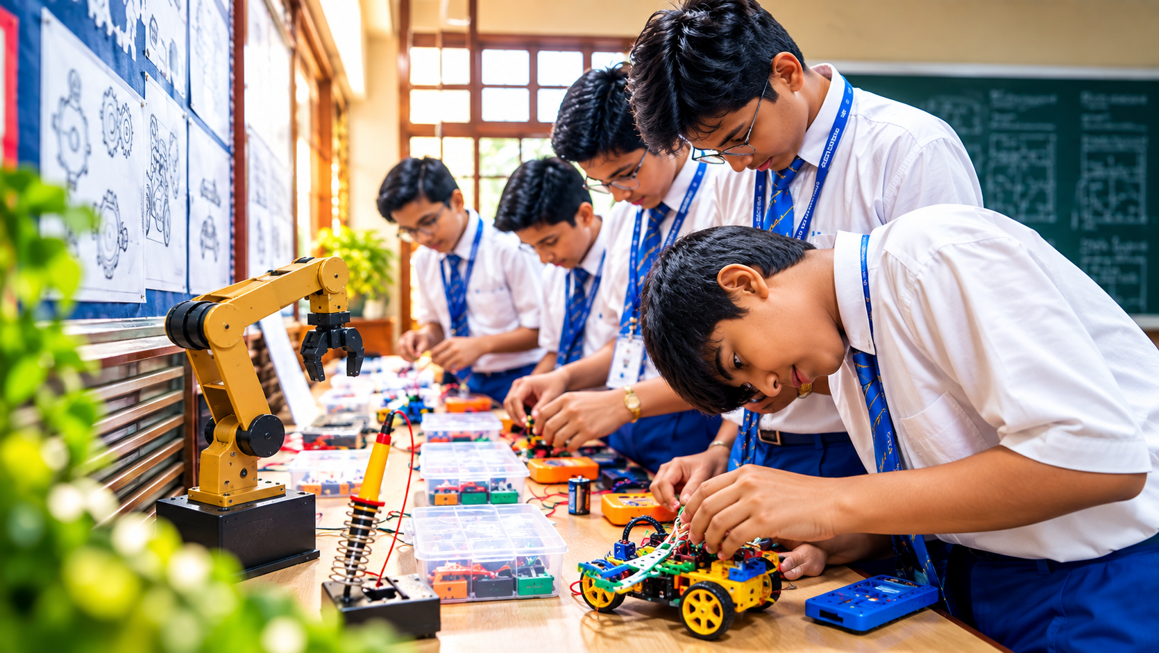 Students building robots in the robotics laboratory