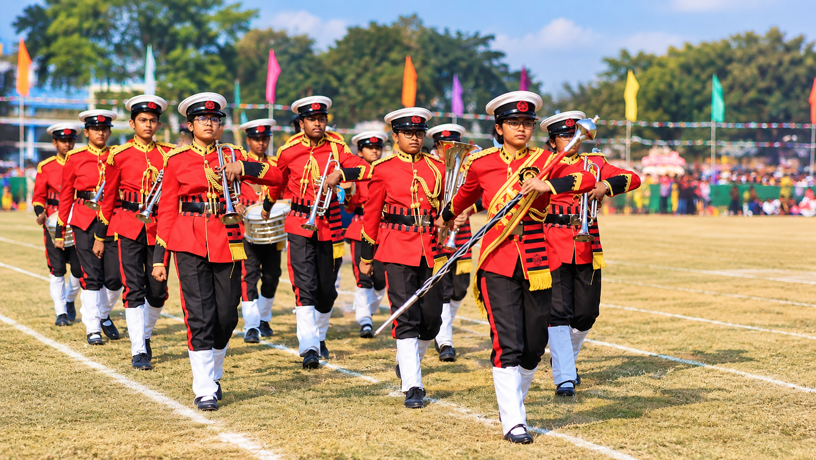 School marching band on the sports field